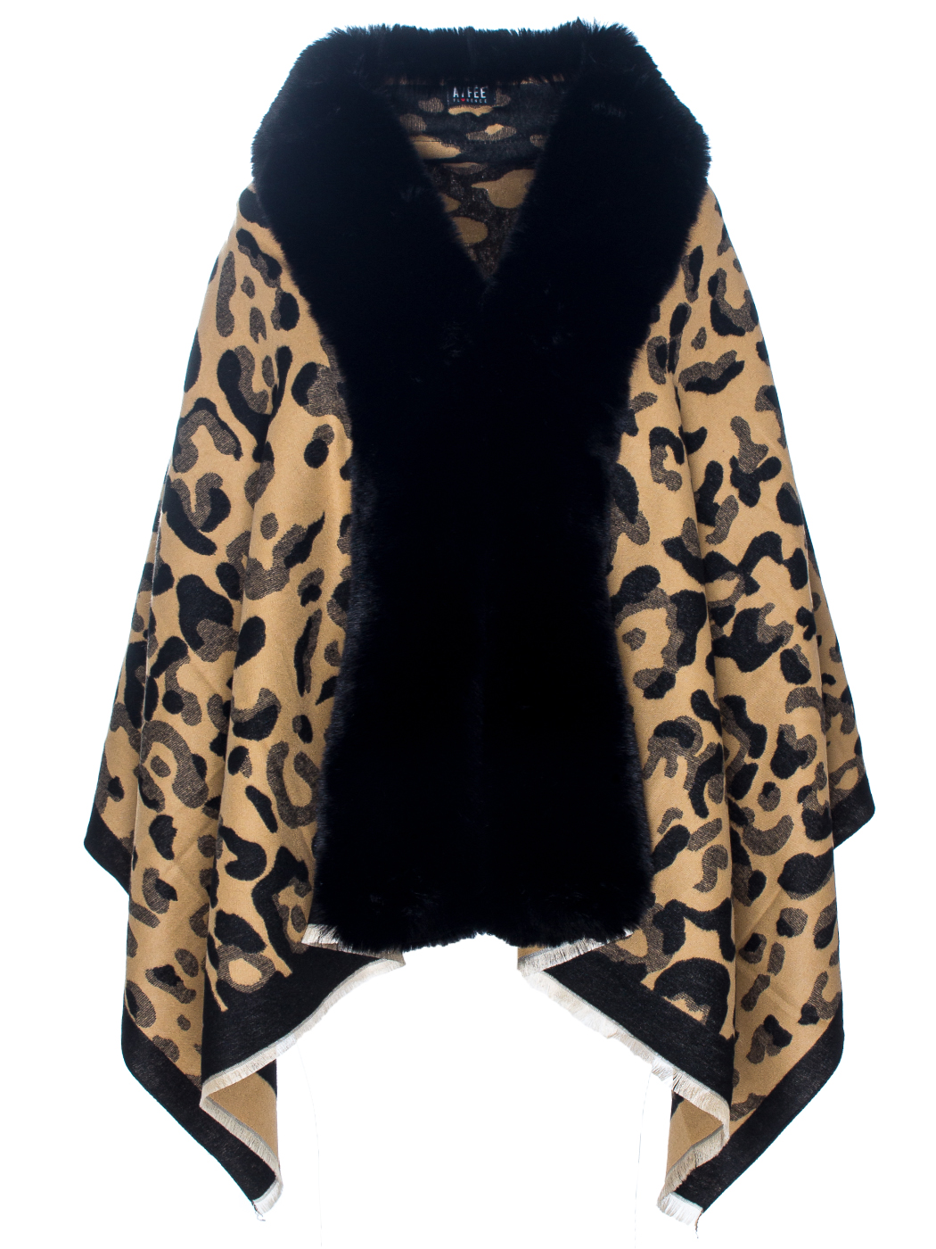MANTELLA CON PELLICCIA ANIMALIER JACQUARD, TG UNICA - BLACK